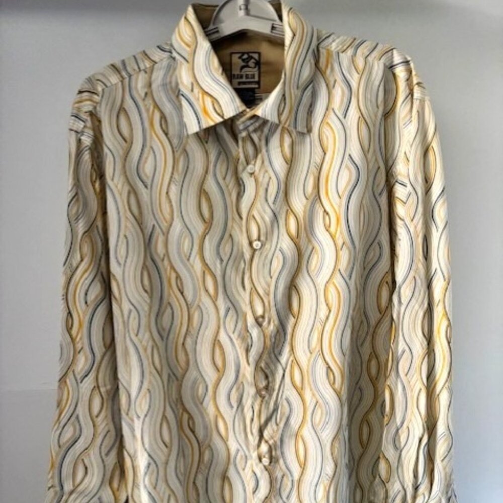 Raw Blue Mens Shirt L Button Up Long Sleeve Blue Gold White Wave Flip Cuff Prep